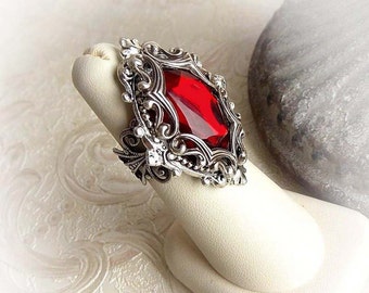 Red crystal ring gothic ring medieval victorian ring red stone ring statement cocktail ring jewelry baroque elegant ring engagement ring