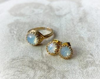Gold Plated Opal Jewelry Set: Sterling Silver Ring and Earrings, Victorian Style