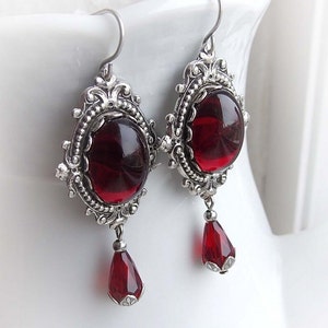 Gothic garnet earrings, red stone jewels, victorian, gothic, baroque, dangling, hanging earrings, handmade Midnight Vision jewelry