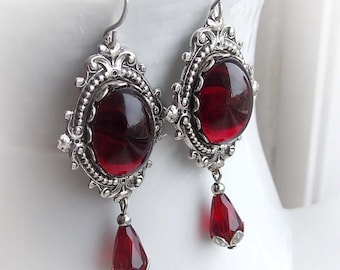 Gothic Garnet Dangle Earrings: Red Glass, Aged Silver Bridal Jewelry