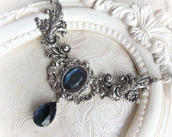 Indigo Blue Crystal Choker: Gothic Victorian Renaissance Necklace Wedding Jewelry