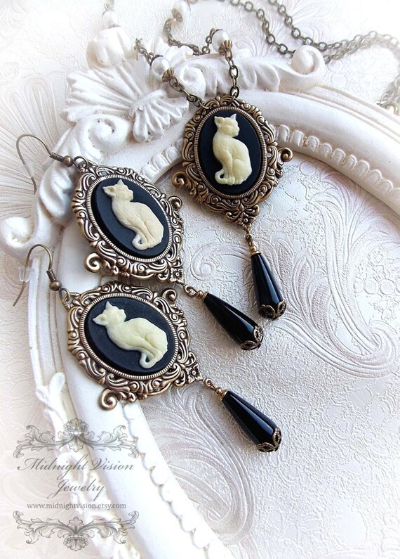Gothic Oval Cameo Cat Jewelry Set Gothic Victorian Jewelry Bundle