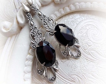 Black Swarovski crystal earrings gothic earrings ornate baroque victorian earrings Swarovski black renaissance evening gothic jewelry