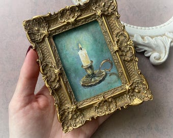 Candlelight Mini Painting: Hand Painted Baroque Framed Miniature Art