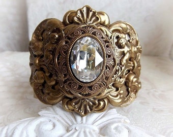 Renaissance Crystal Cuff Bracelet: Antique Gold Cherub Bangle Bridal Jewelry