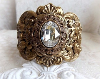 Renaissance antique gold Swarovski crystal cuff bracelet, victorian cuff, swarovski angel bracelet antique baroque cherubs cuff bangle