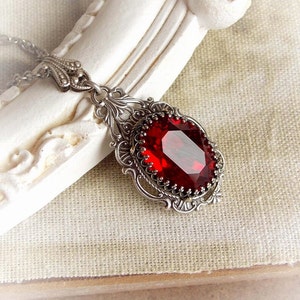 Victorian Red Crystal Necklace - Gothic Pendant Necklace - Antique Silver Necklace, Gothic Jewelry, Baroque Vintage Gift for Her
