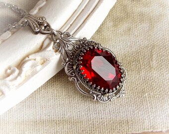 Valentine’s day Gift Victorian Siam Red Crystal Pendant Necklace: Aged Silver Gothic Jewelry for Her