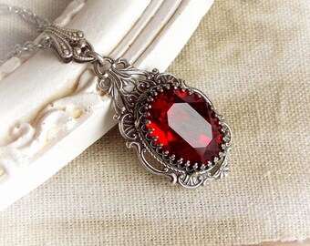 Red siam Swarovski crystal pendant necklace gothic vintage necklace aged silver red crystal necklace renaissance victorian bridal necklace