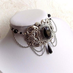 Black Crystal Gothic Choker – Victorian Baroque Necklace, Antique Silver Metal Choker, Dark Romantic Jewelry Gift