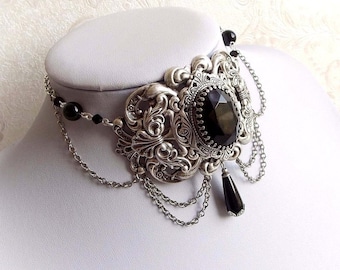Black Crystal Gothic Choker: Victorian Silver Metal Collar Onyx Teardrop