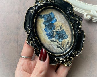 Blue Delphinium Mini Painting: Hand Painted Floral Art in Oval Baroque Frame