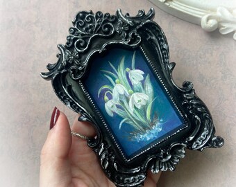 Snowdrop Mini Painting: Original Hand Painted Art in Black Baroque Frame