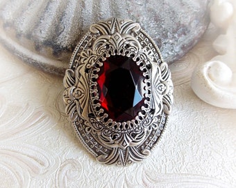 Red gothic brooch or pendant gothic medieval brooch red crystal jewel ornate brooch victorian bridal antique silver red baroque brooch