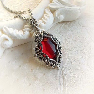 Medieval Gothic Red Crystal Necklace - Victorian Ruby Pendant Necklace, Antique Silver Red Gem Necklace, Bridal Jewelry