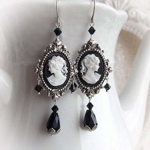 Elegant dangling cameo earrings gothic victorian earrings hanging baroque earrings cameo lady dangle earrings ornate bridal earrings