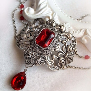 Siam Red Crystal Gothic Choker – Victorian Antique Silver Necklace, Baroque Statement Jewelry, Gift for Her