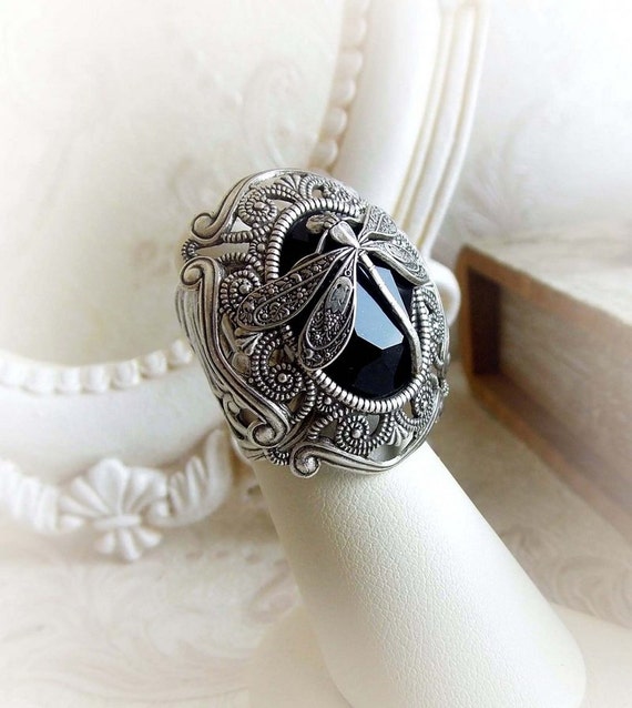 Dragonfly Black Gothic Ring Swarovski Crystal Victorian Ring | Etsy