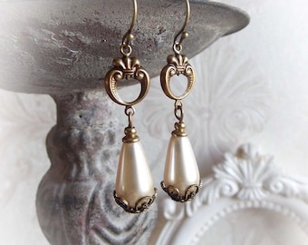 Vintage pearly drop earrings hanging pearlized earrings neo victorian vintage aged brass earrings antique brass bridal dangle earrings