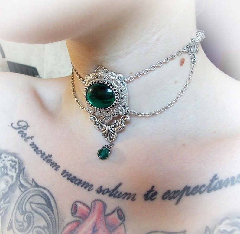 Emerald victorian gothic choker green jewel renaissance fantasy choker victorian emerald stone ornate choker victorian necklace image 4