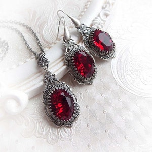 Red siam Swarovski crystal jewelry gothic medieval necklace earrings ruby Swarovski crystal renaissance bridal victorian set gift for her