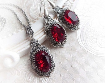 Conjunto de joyas de cristal Red Siam: collar y pendientes de estilo gótico victoriano, regalo para mujer.