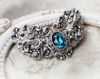 Gothic Hair Barrette: Blue Crystal Victorian Floral Romantic  Clip
