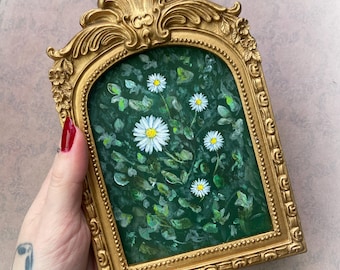 Baroque Style Mini Painting: Floral Meadow Daisies Painting Vintage Art