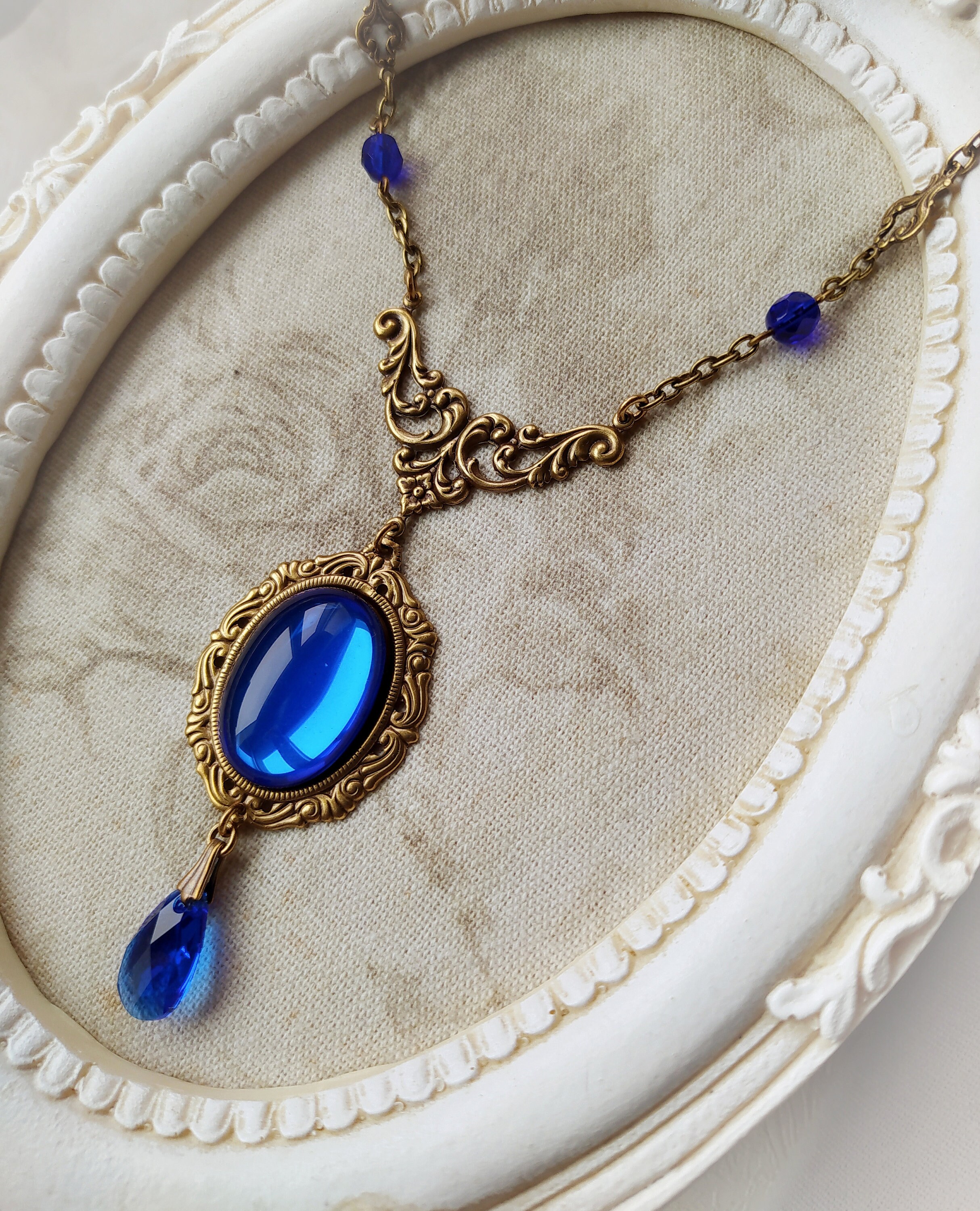 Cobalt Blue Necklace Gothic Victorian Necklace Antique Gold - Etsy