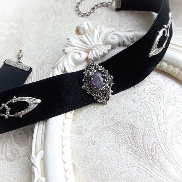 Black velvet amethyst choker gothic victorian choker romantic floral choker baroque medieval bridal evening choker jewelry