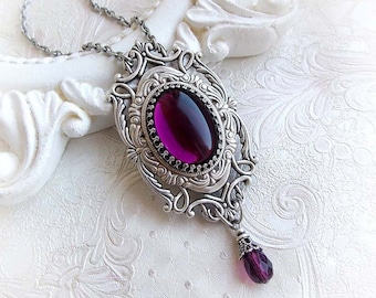 Amethyst glass stone necklace romantic medieval necklace victorian pendant gothic baroque necklace purple jewel antique silver necklace