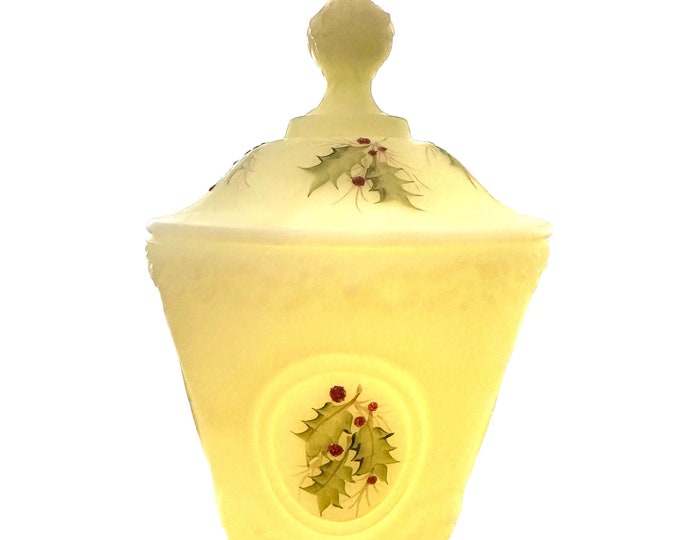 Vintage Fenton Custard Satin Glass Candy Dish: Holly Green Holiday Design