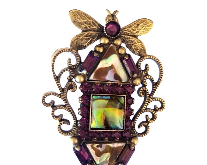Vintage Art Deco Dragonfly Brooch: Jeweled Bronze Pin, Signed Mary DeMarco