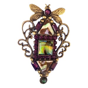 Vintage Art Deco Dragonfly Brooch: Jeweled Bronze Pin, Signed Mary DeMarco
