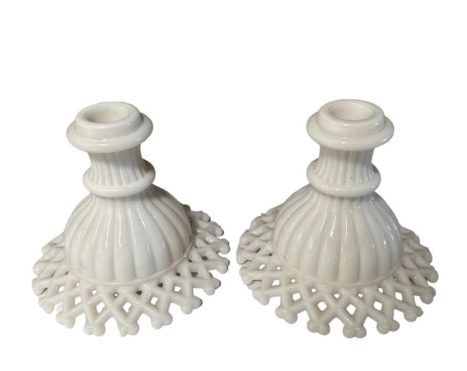 Vintage Westmoreland Milk Glass Candle Holder Set with Crocheted Floral Doily