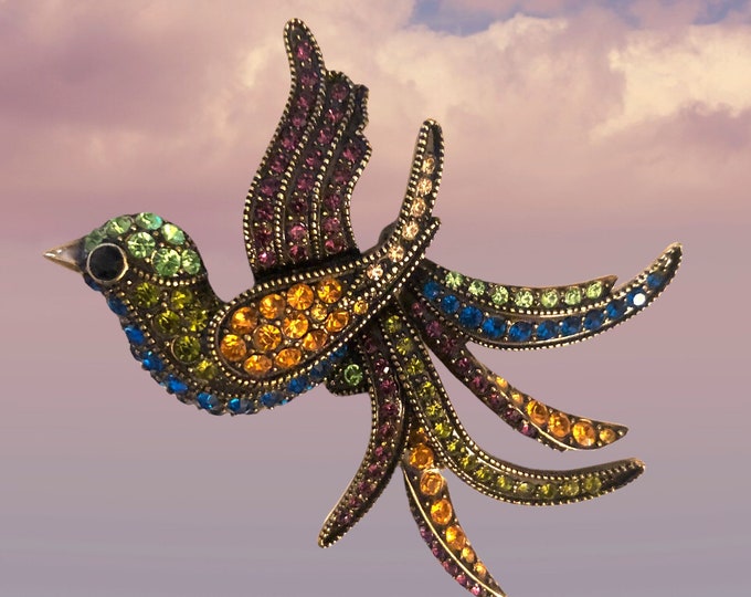 Vintage Rhinestone Bird Brooch: Multicolored Crystal Pin