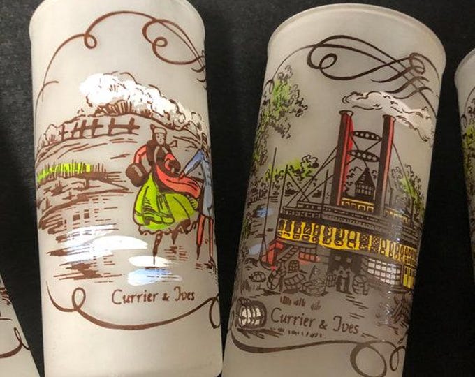Vintage Currier & Ives Highball Glasses: Mid-Century Frosted Tumblers, Set of 6