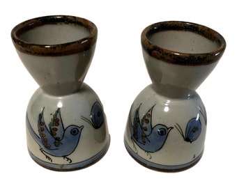 Ken Edwards Pottery | Large Blue Birds | Mexican Pottery Egg Cups | Set of 2 Talavera Cups