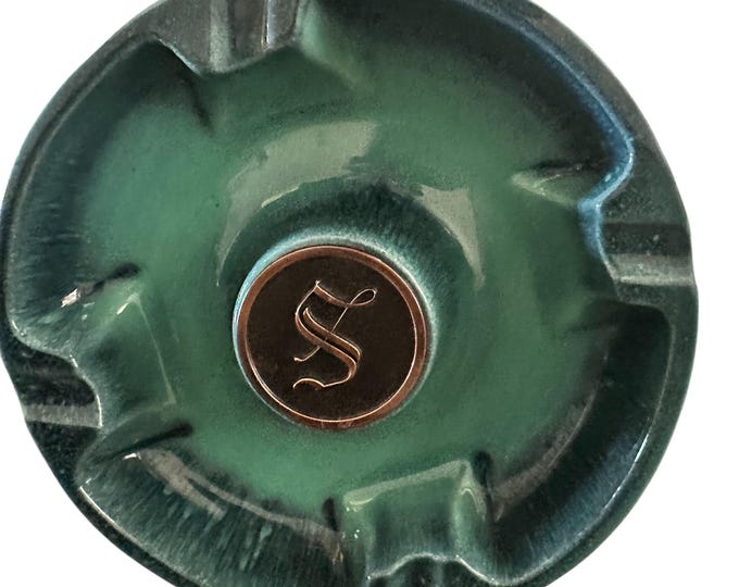 Hyde Park Green Ashtray with Metal Initial "S" Plaque Vintage 1970s
