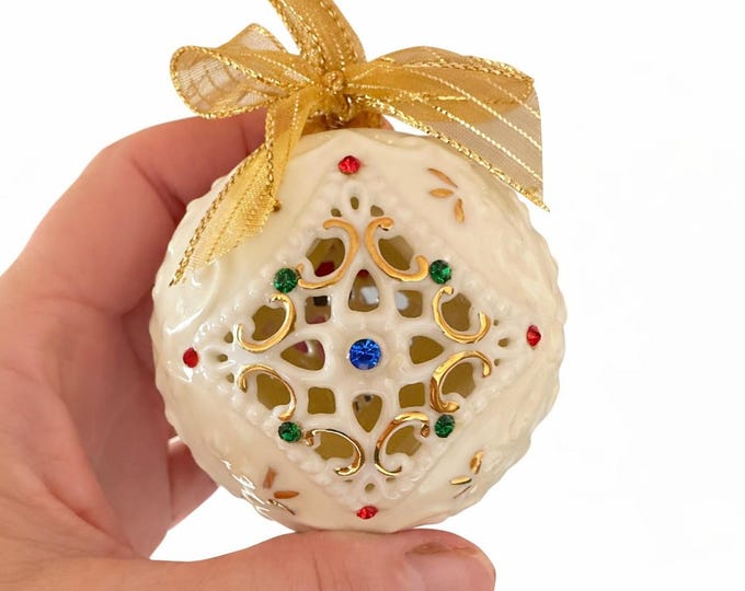 Classy Tree Ornament | Bejeweled Christmas Porcelain, Ivory Reticulated Design, Old-World Holiday Decor