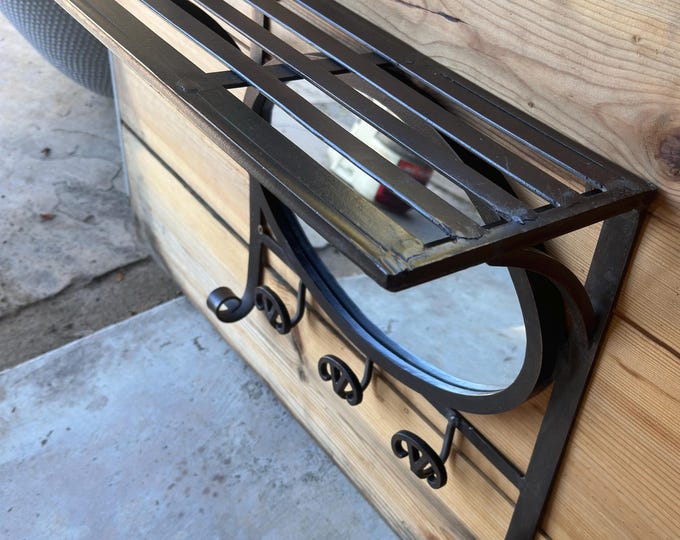 Steel Mirrored Hat Wall Shelf with Hanger Rack Hooks Vintage Western Style Rustic Metal