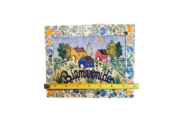 Hand-Painted Floral Bienvenidos Ceramic Wall Tile | Welcome Sign Art Vintage Spanish Decor
