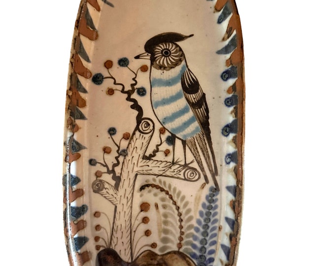 Tonala Pottery Dish: Handmade Southwestern Blue Bird Ceramic Tray