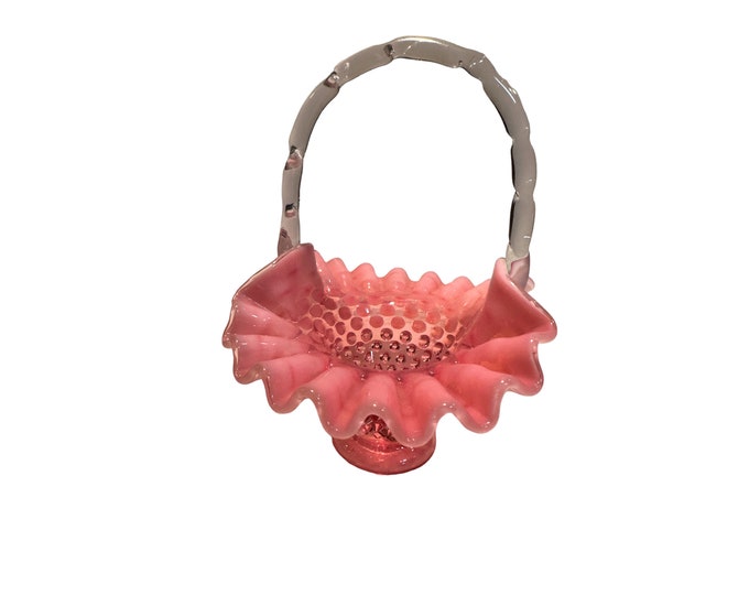 Vintage Fenton Cranberry Opalescent Hobnail Glass Mini Basket