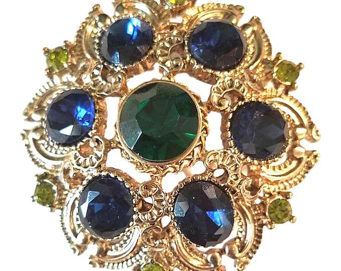 Vintage Sagin Rhinestone Brooch: Faux Sapphire, Emerald & Peridot - Gold Tone