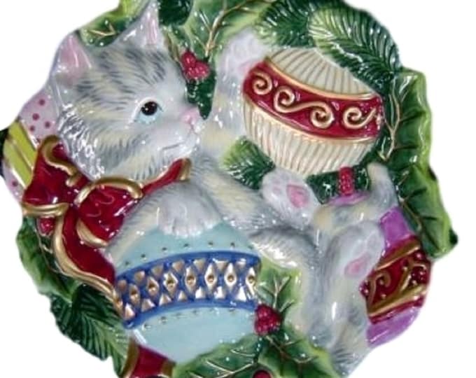 Fitz and Floyd Cat Christmas Plate: Vintage Holiday Canape Dish