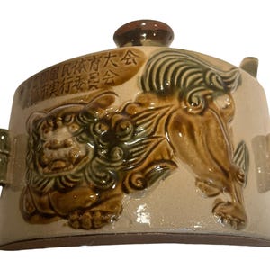 Sake Hip Flask Okinawa Pottery, Foo Dog Decor, Handmade Japan Style