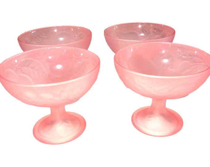 Frosted Pink Pressed Glass Goblets | Footed Stemware Dessert Bowls | Set of 4