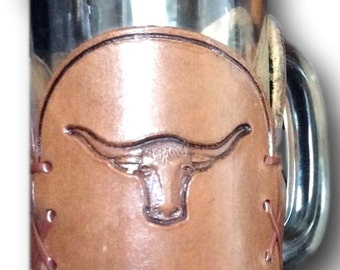 Heavy Glass Beer Mug | Leather Western Mug Holder