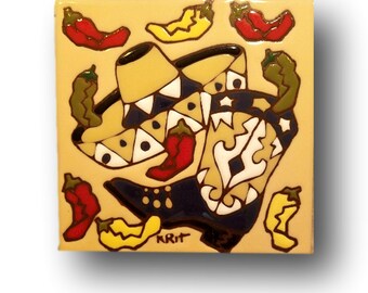 Ceramic Coaster 6x6 Earthtone Tile | Southwest  Decor |  Chili Peppers, Sombrero, Cowboy Boot Design